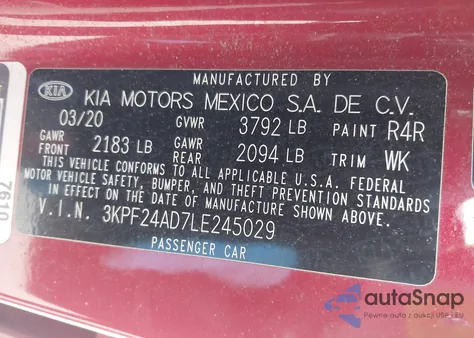 2020 Kia Forte Lxs from USA, damaged, VIN 3KPF24AD7LE245029